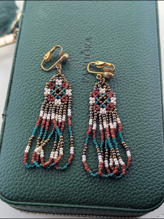 Jewelry - Vintage Hand-Beaded Fringe Drop Clip-On Earrings | Southwestern / Boho Style